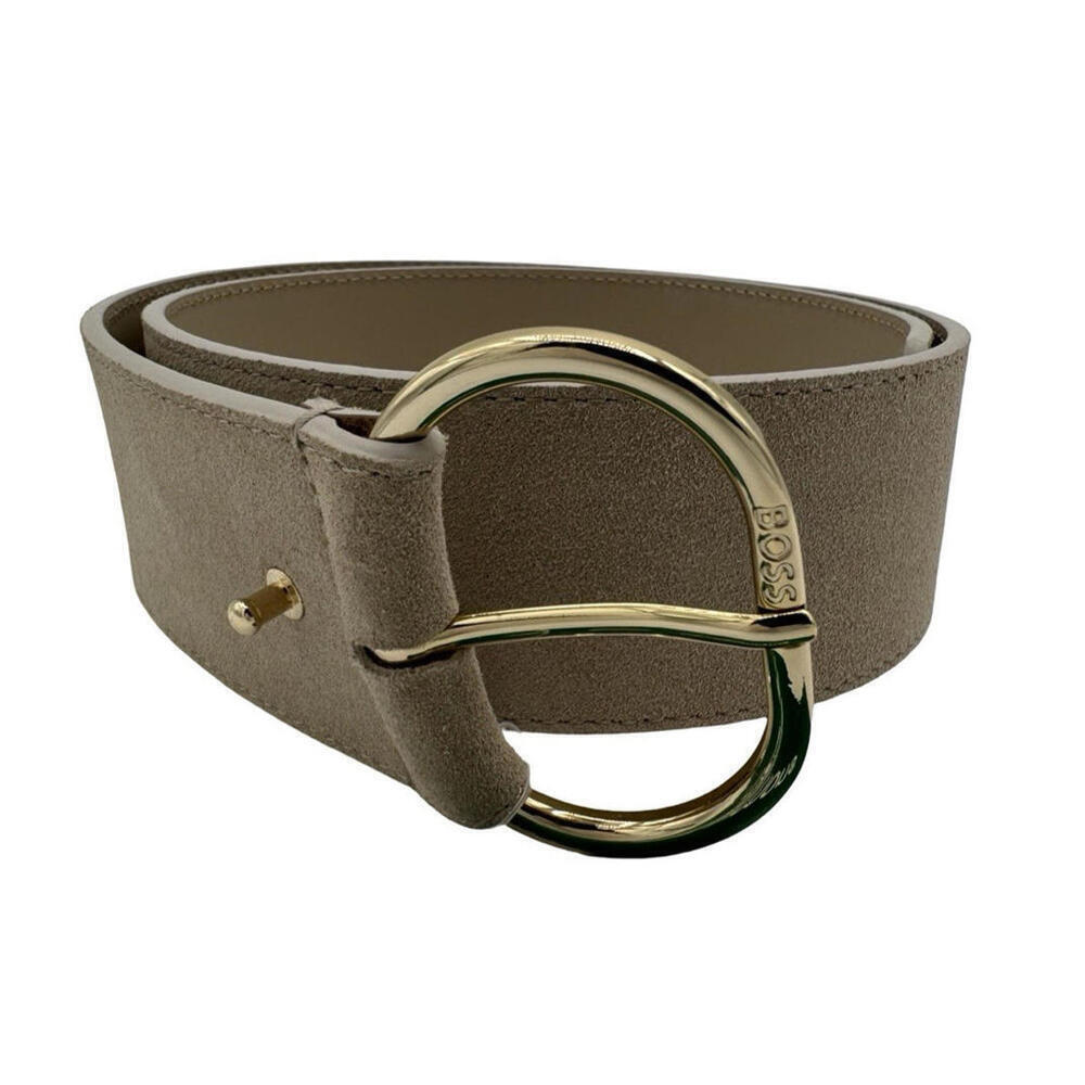 Hugo Boss Wilma-Sd Cow Hide Suede Leather Round Buckle Belt Beige Gold Size 26